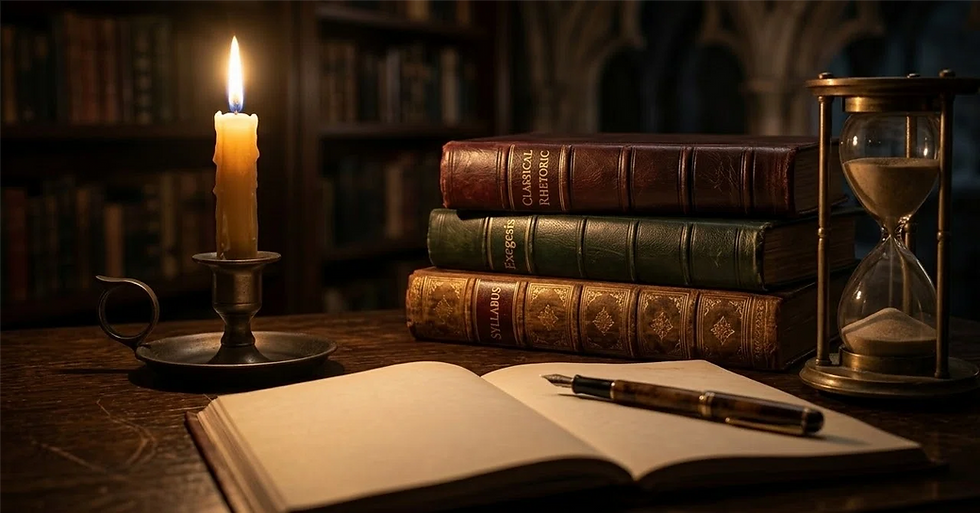 A stack of old books sit on a wooden desk beside an hour glass and candle stick.