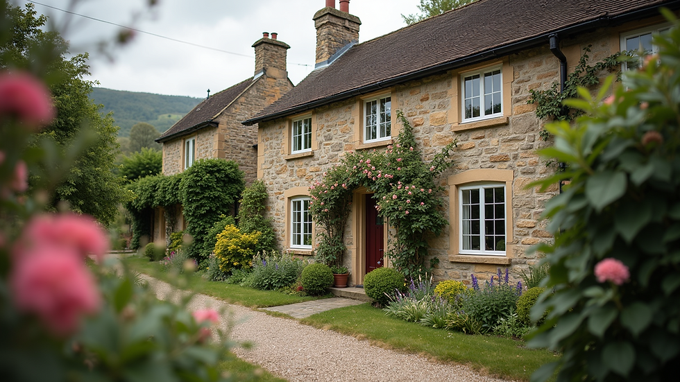 Eye-level view of a stone cottage with a flower garden in a Peak District village