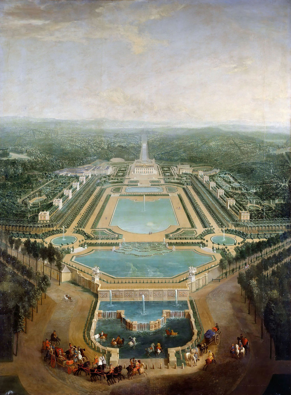 Vue générale du Château de Marly, prise de l’Abreuvoir »  représentant le Château de Marly à Marly-le-Roi, France par Pierre Denis Martin en 1724 (Wikipédia)