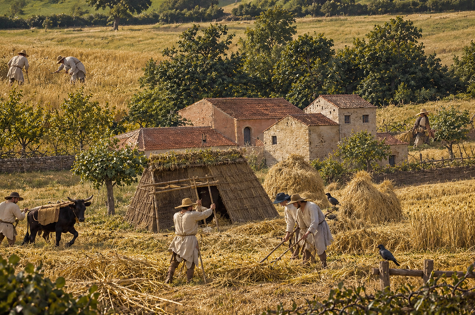 Image photoréaliste d'après la célèbre fresque Les Effets du bon gouvernement à la campagne, réalisée par le peintre italien Ambrogio Lorenzetti entre 1338 et 1339