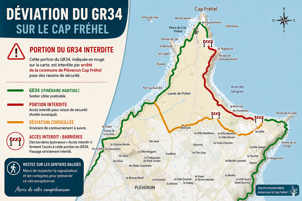 Carte de la Déviation du GR 34 suite aux incendies des landes du Cap Fréhel