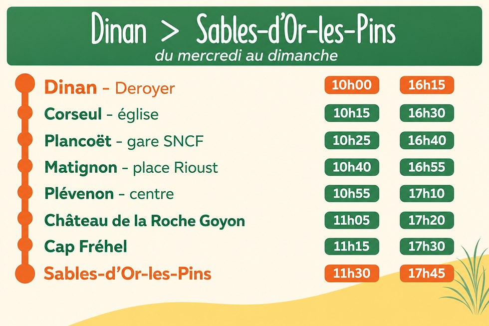Horaires Dinamo ! Dinan - Sables d'or les Pins - Du Mercredi au Dimanche - DU 1 Juillet au 30 Août 2026