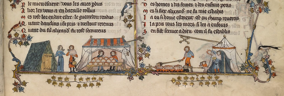 Autre type de tente avec de la végétation verte dans cette enluminure extraite de Exemple d'abri en planche dans le roman d'alexandre mi-XIVE - Photo: © Bodleian Libraries, University of Oxford