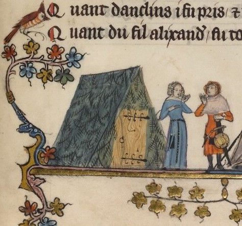 Zoom sur ce type de tente avec de la végétation verte dans cette enluminure extraite de Exemple d'abri en planche dans le roman d'alexandre mi-XIVE  - Photo: © Bodleian Libraries, University of Oxford