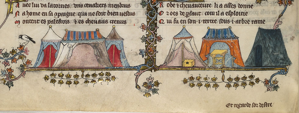 enluminure de plusieurs tentes dont une tente faite de végétation verte extrait de Romance d'Alexandre de Jehan de Grise, XIVe siècle, Bibliothèque Bodleian.