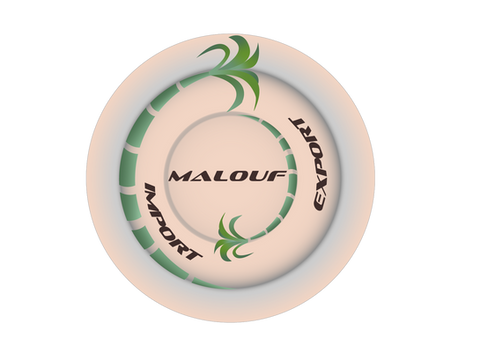 Malouf Import and Export logo in light pink colours and sugarcane references.