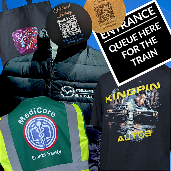 Collage image of recent work including embroidery, printed T-shirts and bespoke laser cut signage