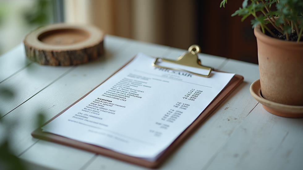 Close-up view of a funeral home price list on a clipboard