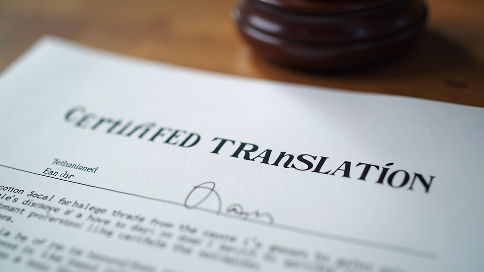 Close-up view of a certified translation certificate attached to a legal document