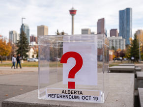 Calgary skyline with a ballot box, illustrating Alberta's October 19, 2026 referendum on immigration and public services