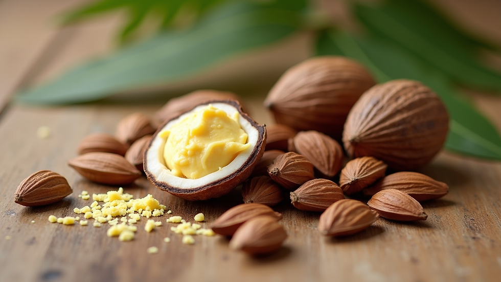 Eye-level view of natural body butter ingredients like shea nuts and cocoa pods