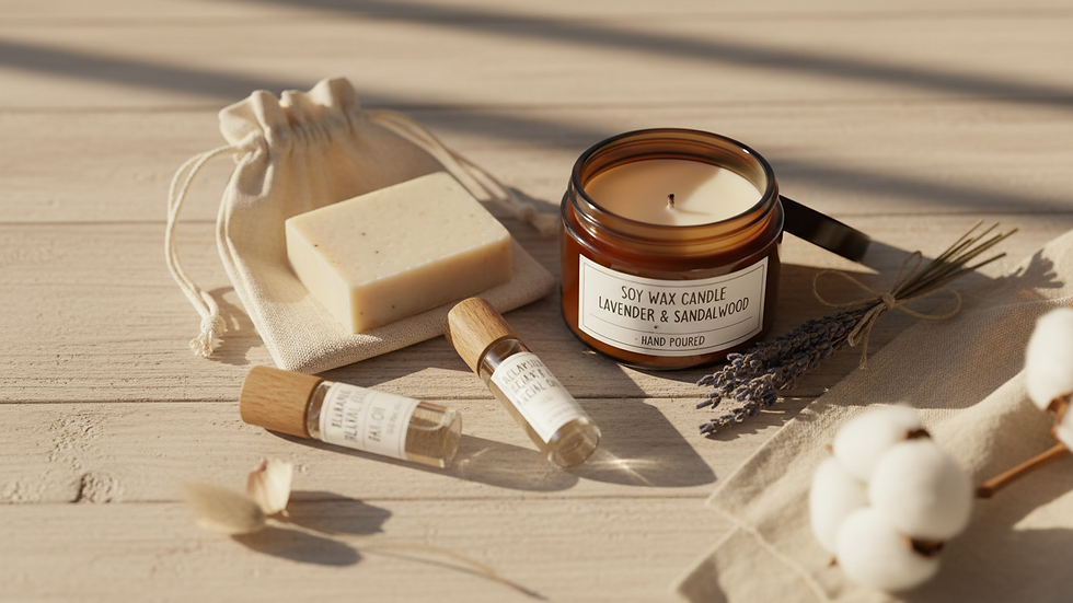 Eye-level view of artisan skincare products arranged on a wooden table