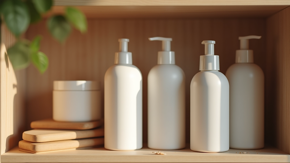 Eye-level view of natural skincare products on a wooden shelf