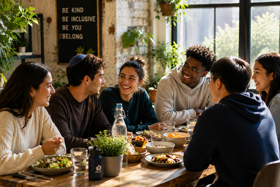 Six friends laugh over lunch at a sunlit table with plants; wall sign reads Be Kind, Be Inclusive, Be You, Belong.