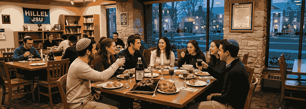 Jewish students at campus Shabbat dinner, highlighting Jewish college fit consulting by Rebecca Chabrow.