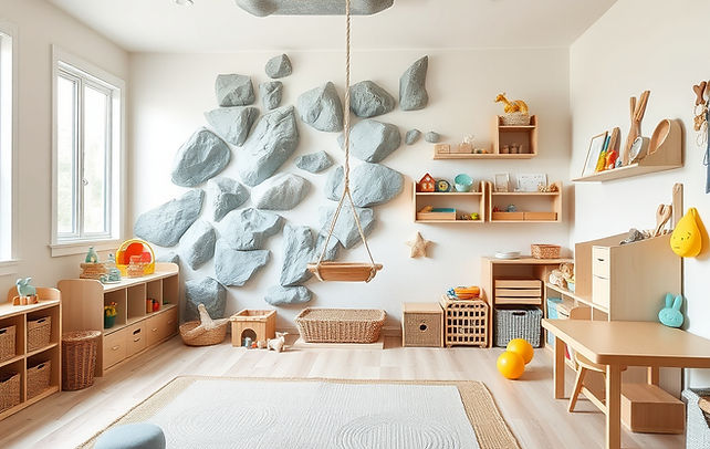 In-home pediatric sensory playroom with rock wall, ceiling swing, and Montessori toy shelf