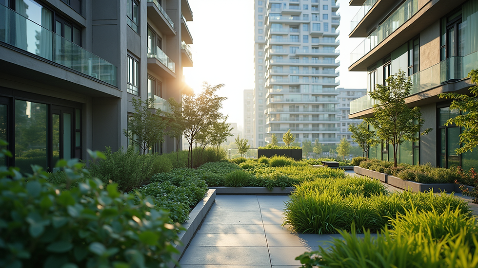 Wide angle view of modern condominium with green rooftop garden