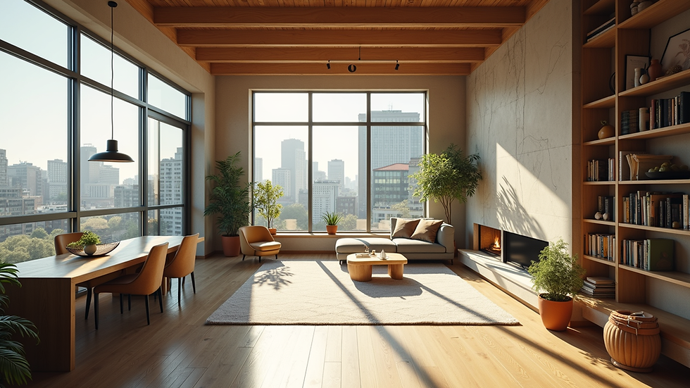 Wide angle view of modern sustainable loft interior with natural light