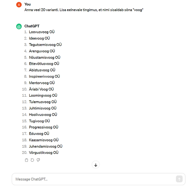 Lisaprompt Chat GPT-le, et annaks veel liaideid ettevõtte nimevalikuteks