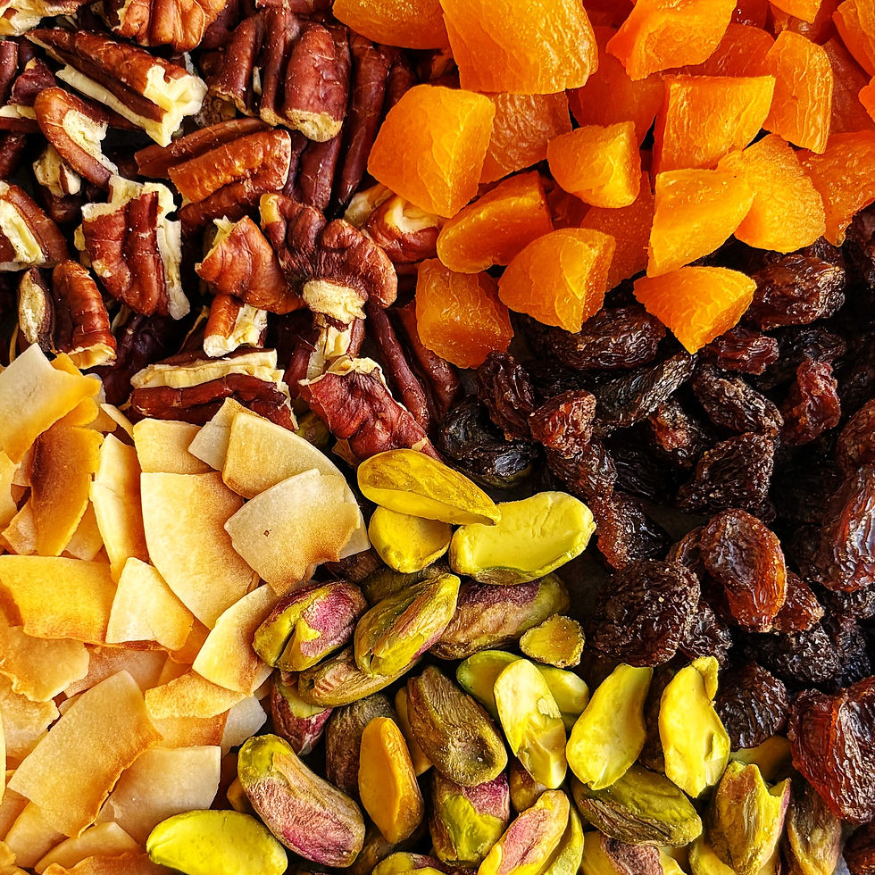 A plate with pecans, flaked coconut, pistachios, raisins, and dried apricots.
