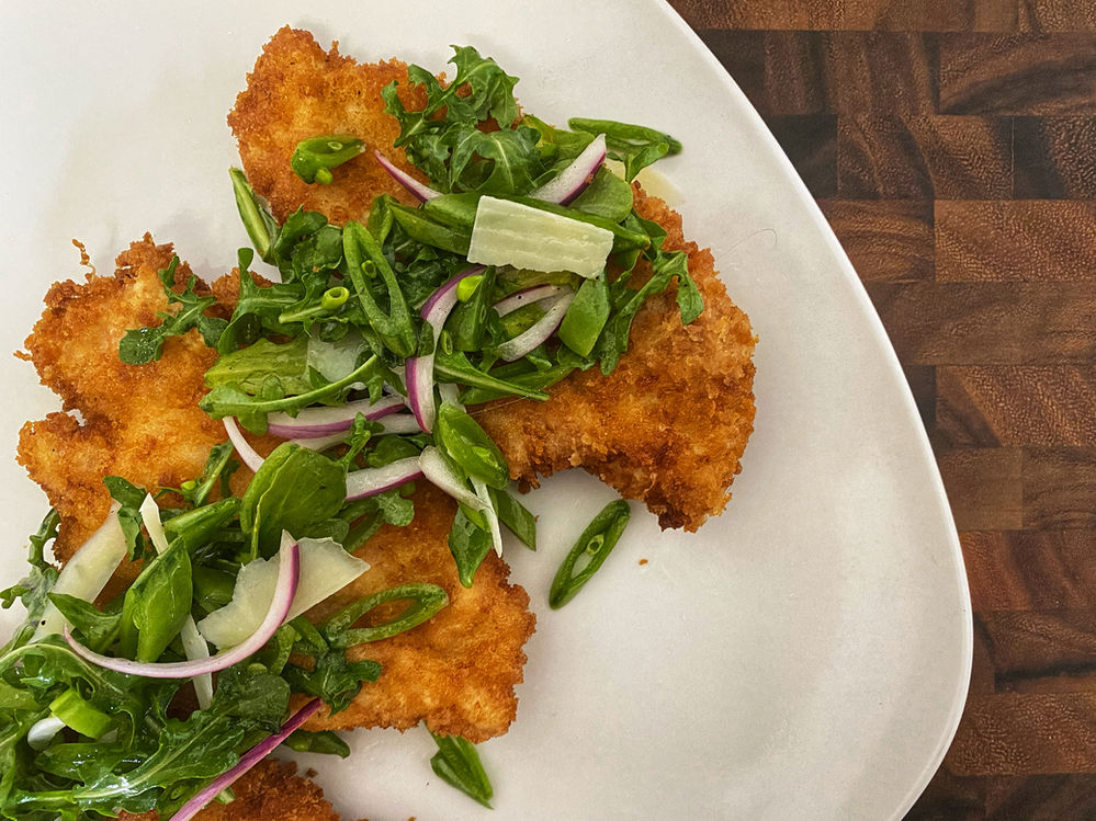 Crispy Chicken Cutlets with Arugula and Snap Peas