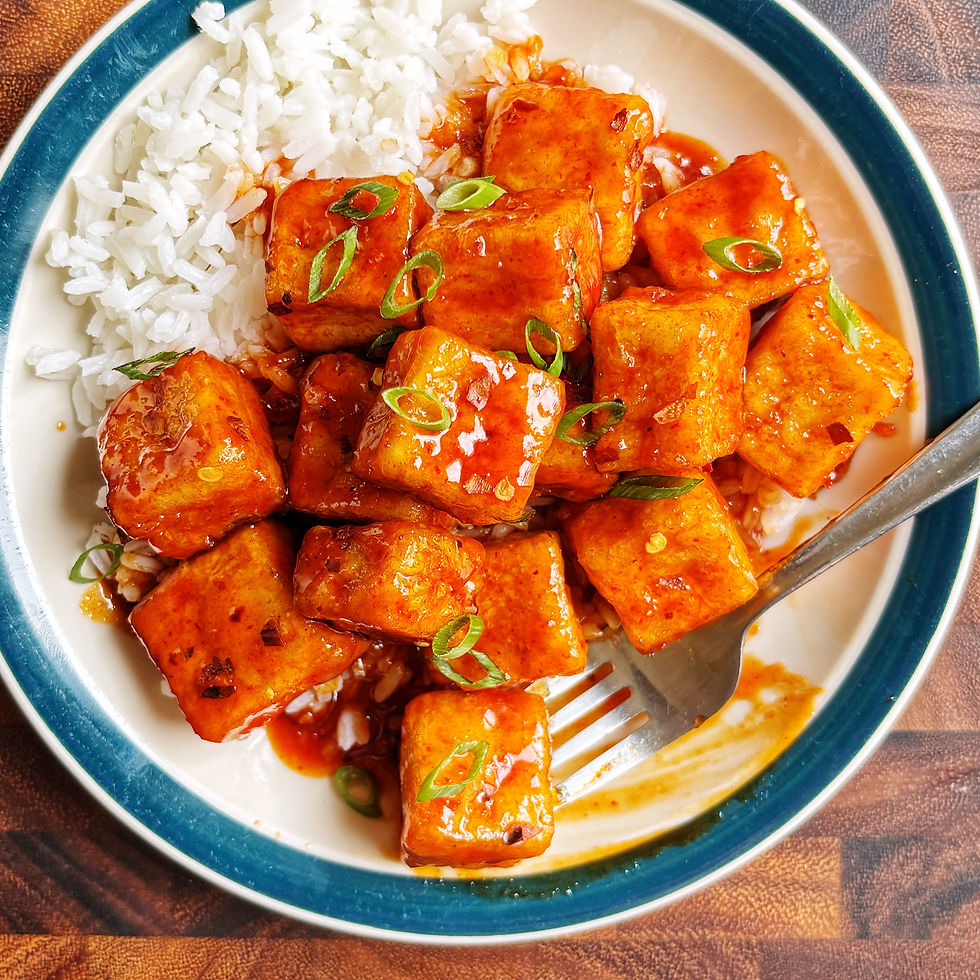 Fried tofu glazed in firecracker sauce.