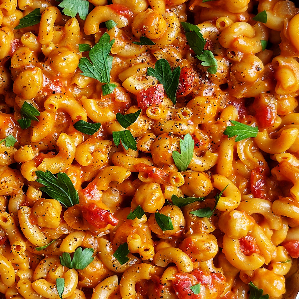 Cheesy chickpea helper with elbow macaroni, and diced tomatoes, topped with black pepper and parsley.