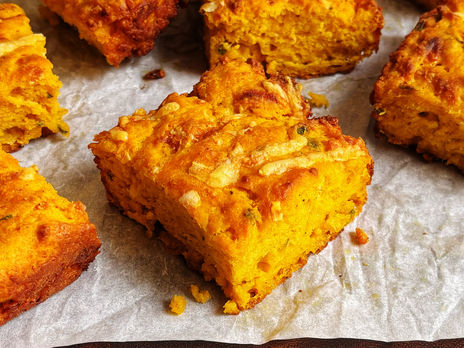 Pumpkin sage butter swim biscuits topped with parmesan