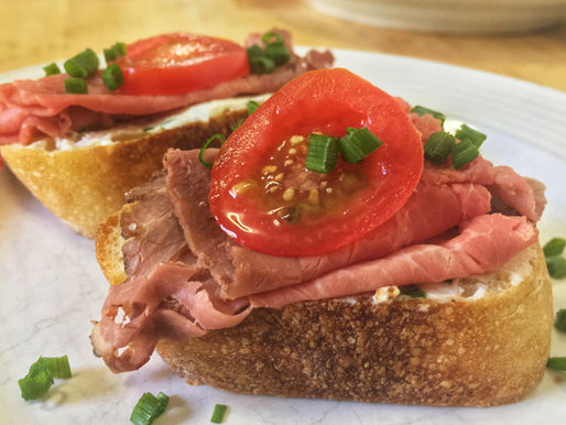 Tartines: Roast Beef with Herbed Goat Cheese on Baguette and Avocado and Beet Hummus on Multigrain