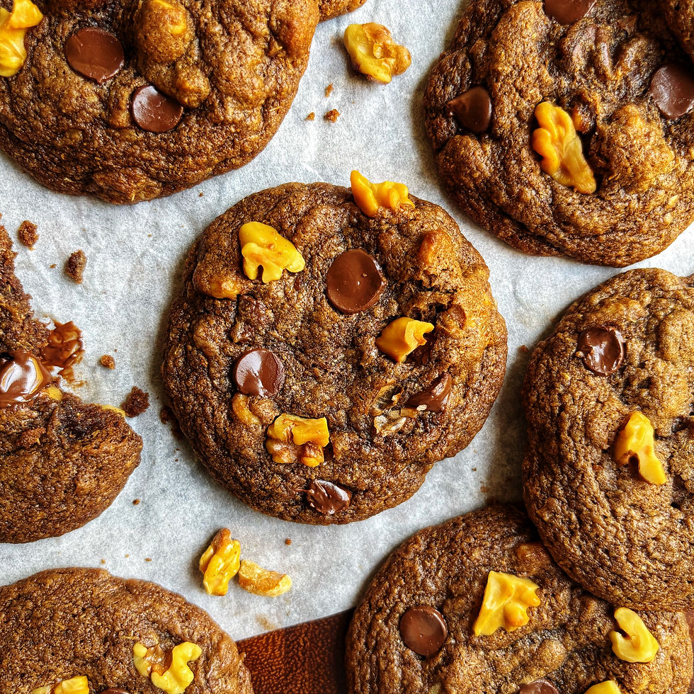 Double chocolate malt cookies with walnuts and chocolate chips.