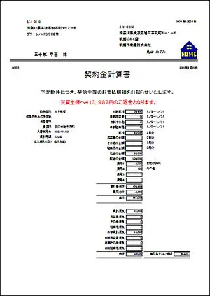 賃貸物件管理ソフト「街の不動産屋さん」契約金計算書レポート