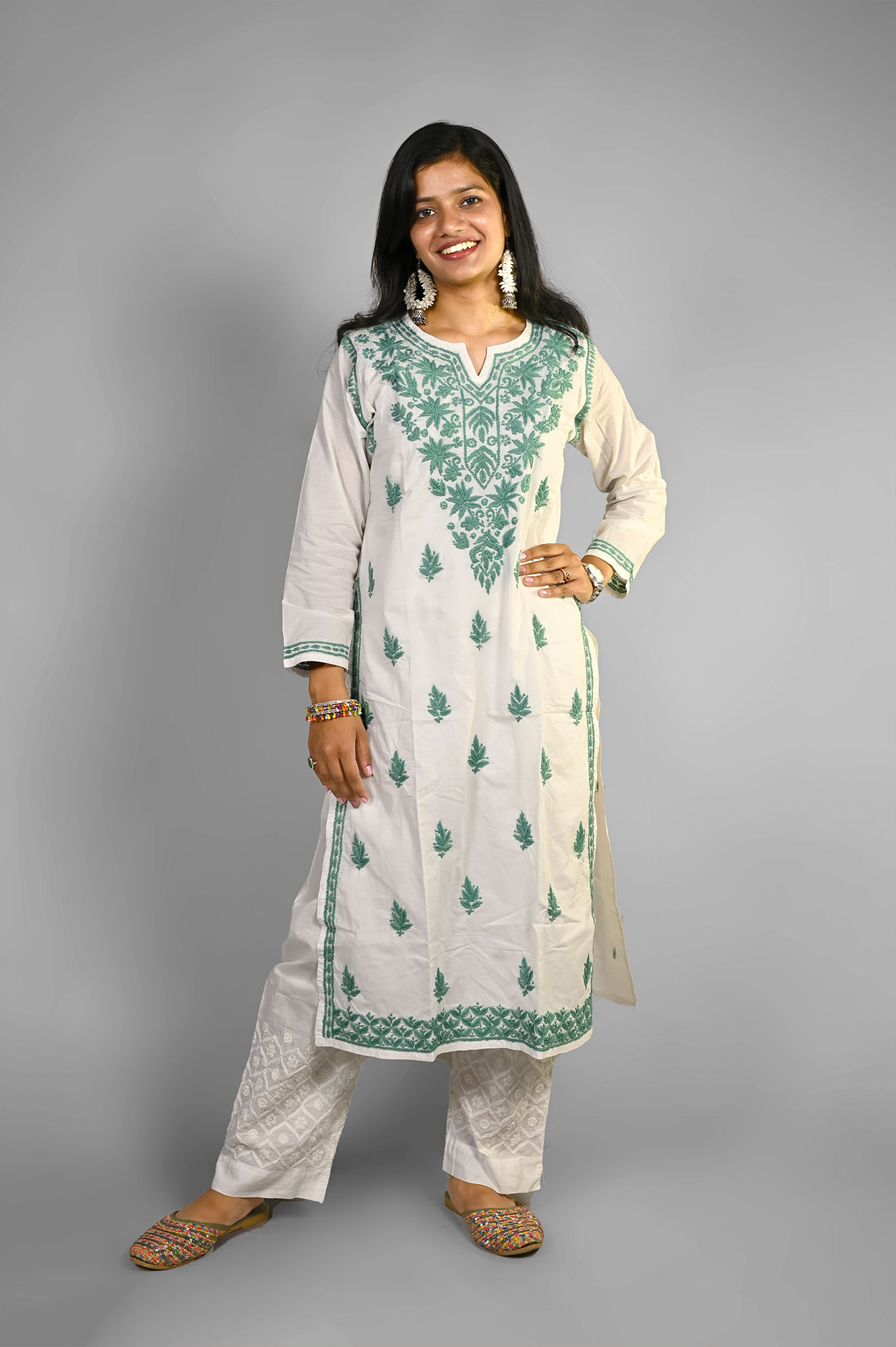 Cotton Long Chikankari Kurta-White