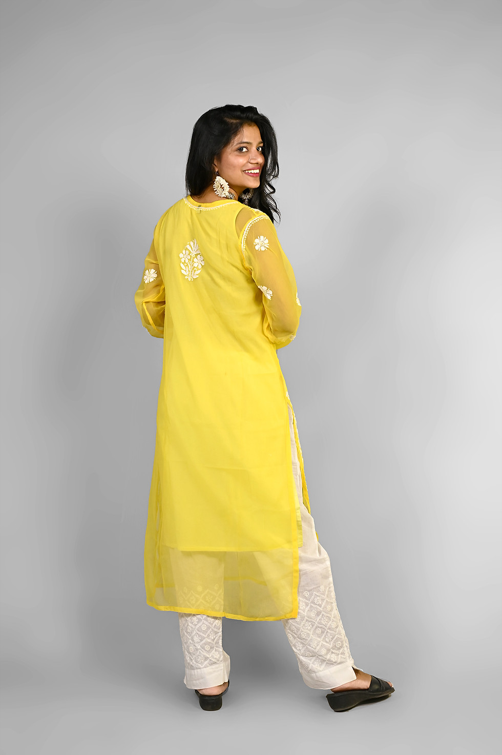 Thumbnail: Georgette Long Chikankari Kurta-Yellow