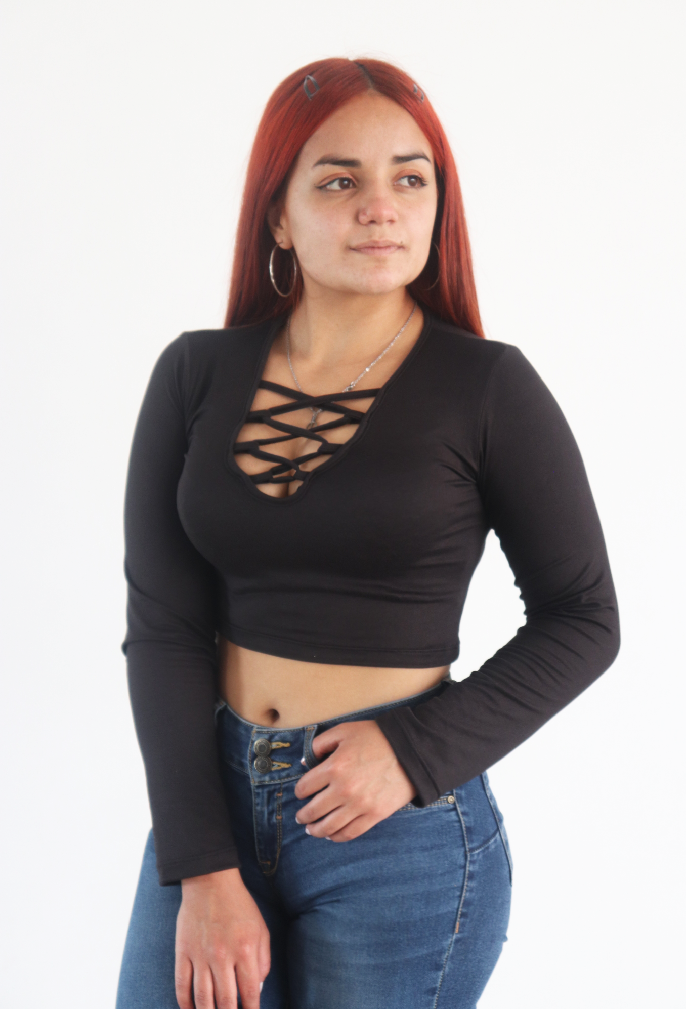 Blusa manga larga con malla - Negro