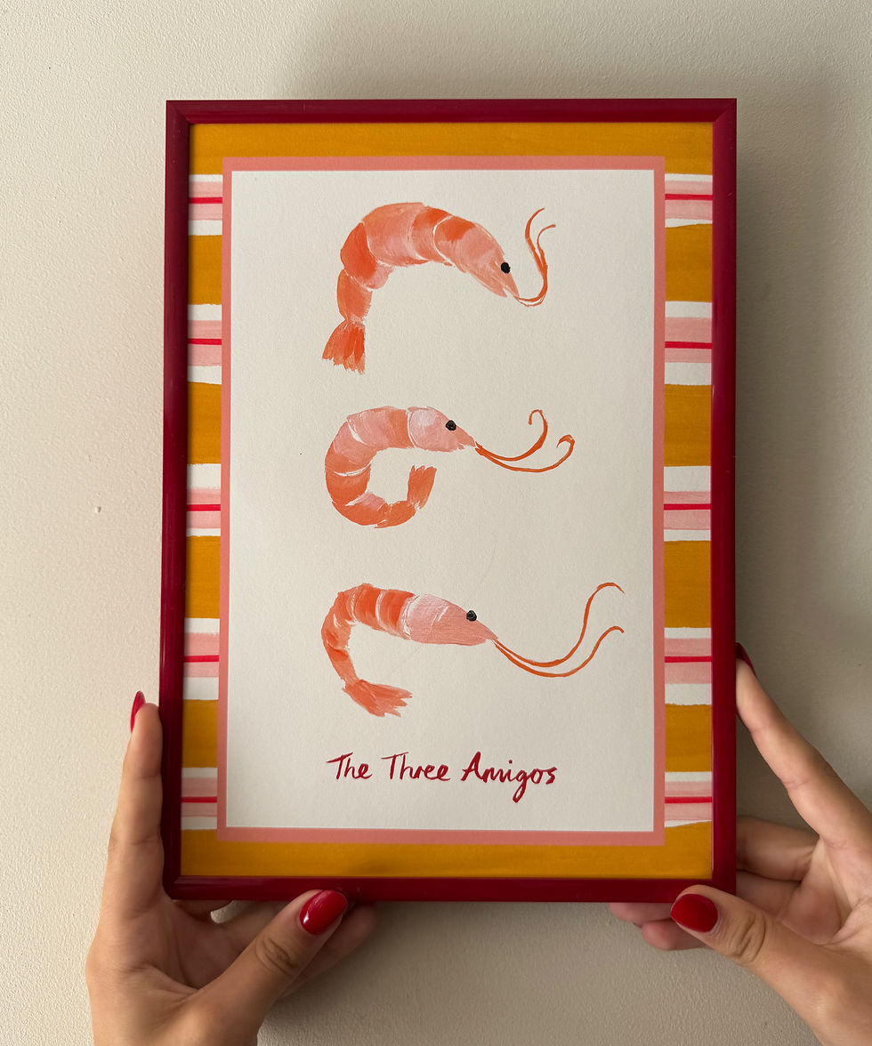 Thumbnail: "The Three Amigos" playful art print of three prawns framed by a bold striped border beiing held