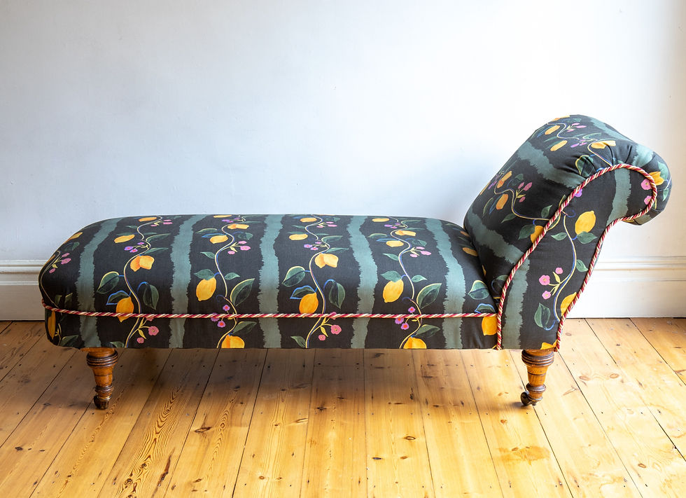 Thumbnail: Gorgeous one of a kind Vintage Chaise Longue in our printed linen fabric.
