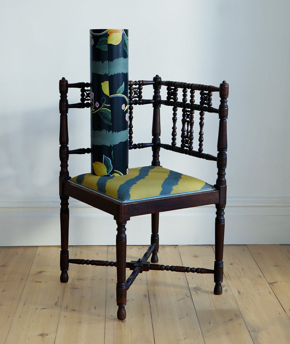 Thumbnail: Vintage Arts & Crafts corner chair in printed Ochre stripe linen fabric