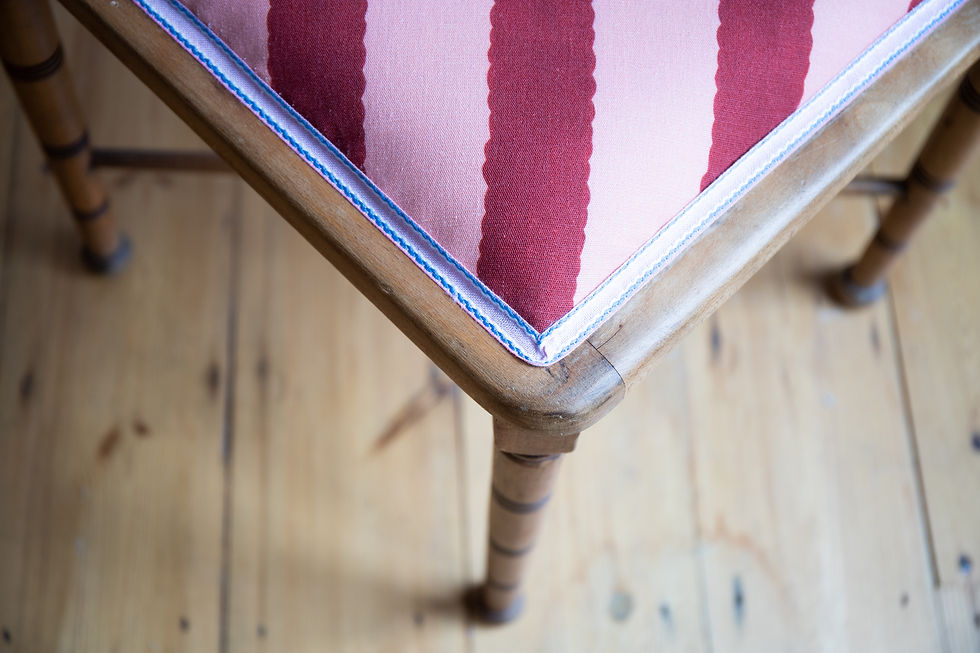 Thumbnail: Vintage Arts & Crafts corner chair in printed Burgundy Stripe linen fabric