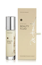 Modernes Design des biologischen, parfümfreien Beauty Fluids von Dr. Hauck in einer schlanken, transparenten Glasflasche.