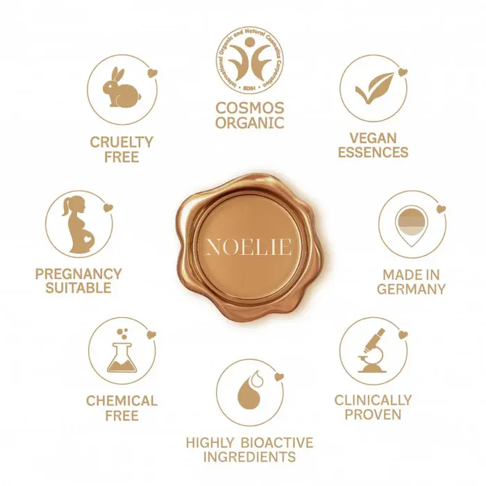 Miniaturbild: NOELIE Siegel mit Bio-Zertifizierung, veganen Inhaltsstoffen und klinischer Prüfung, ideal für nachhaltige und hautfreundlich