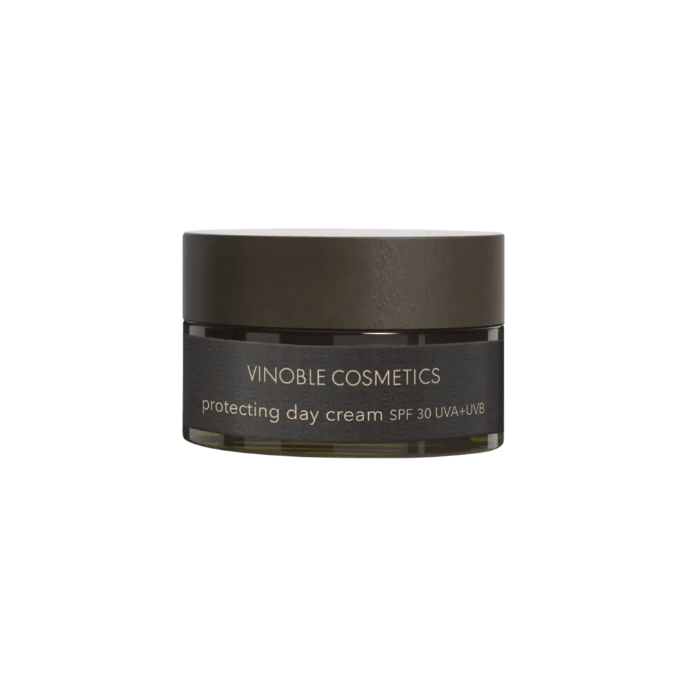Vinoble Cosmetics Schützende Tagescreme SPF 30 mit UVA- und UVB-Schutz im Behälter.