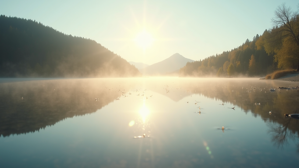 Eye-level view of a calm lake reflecting soft morning light