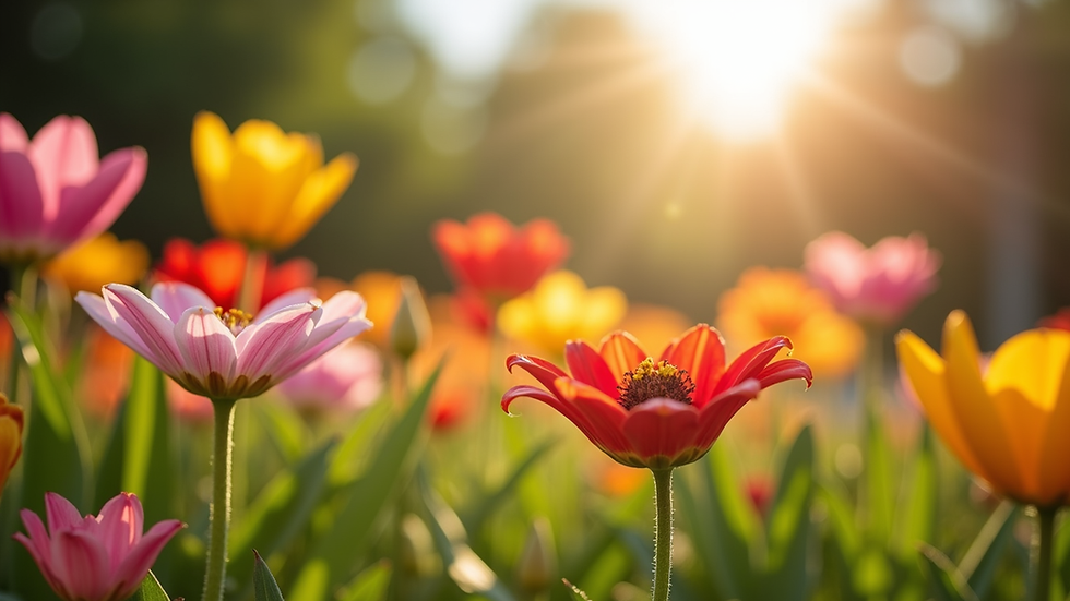 Eye-level view of colorful flowers blooming in a sunlit garden