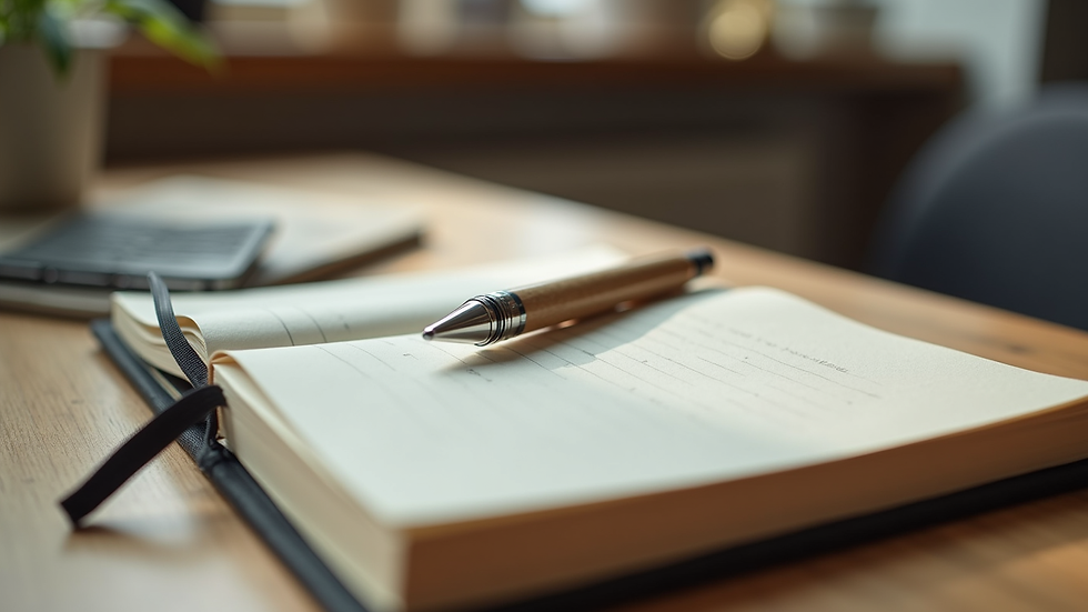 Close-up view of a journal and pen on a wooden table