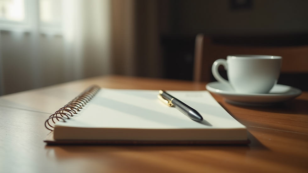 Close-up view of a journal and pen on a wooden table, symbolizing reflection and healing