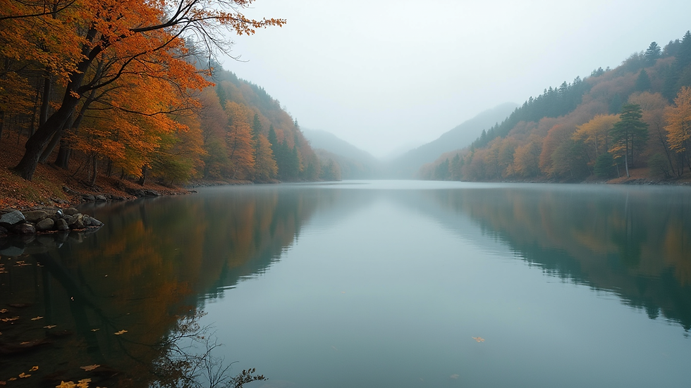 Eye-level view of a calm lake reflecting autumn trees