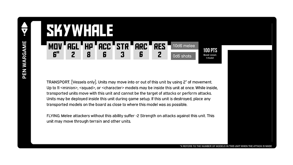 Black-and-white SKYWHALE wargame stat card with MOV 6, AGL 2, HP 8, ACC 6, STR 3, ARC 6, RES 2, 100 pts and rules text