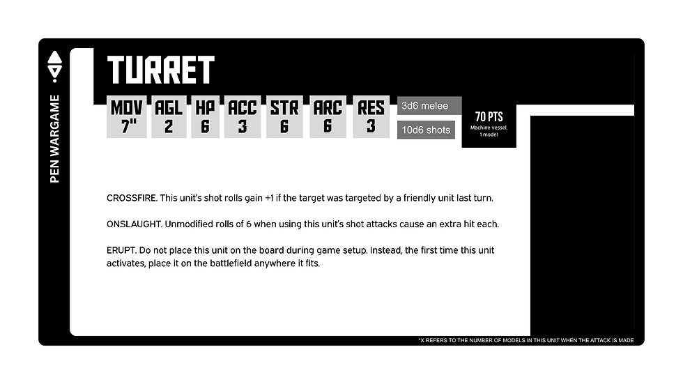 Turret unit card on black background with stats, attack rules, and 70 points in a Pen Wargame layout.