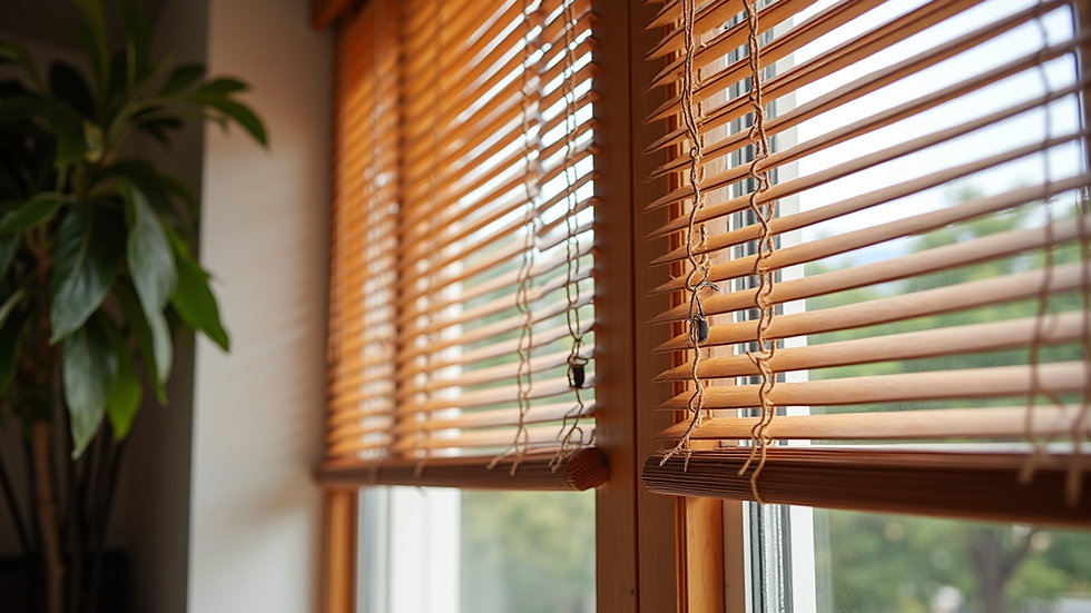 Eye-level view of elegant wooden blinds installed on large windows