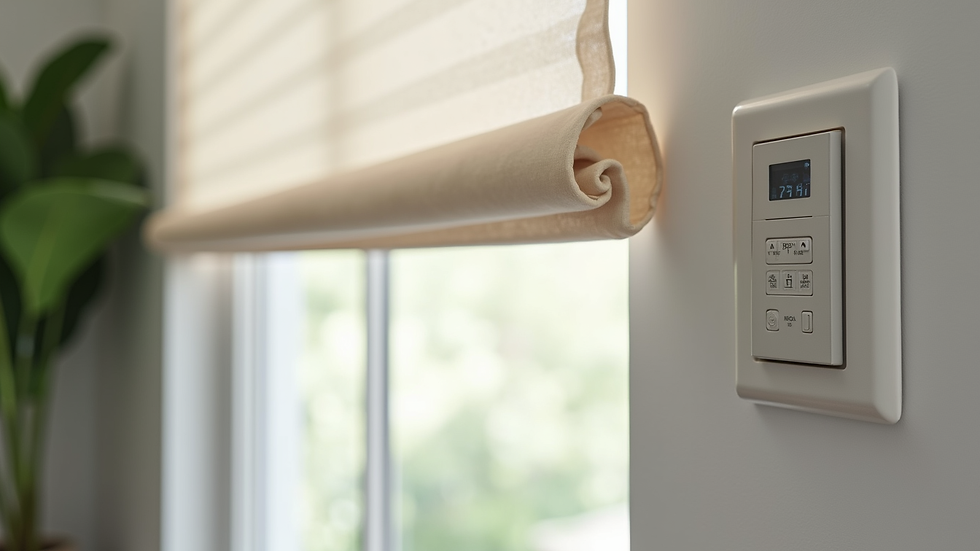 Close-up view of a motorized Roman shade control panel in a modern Atlanta home